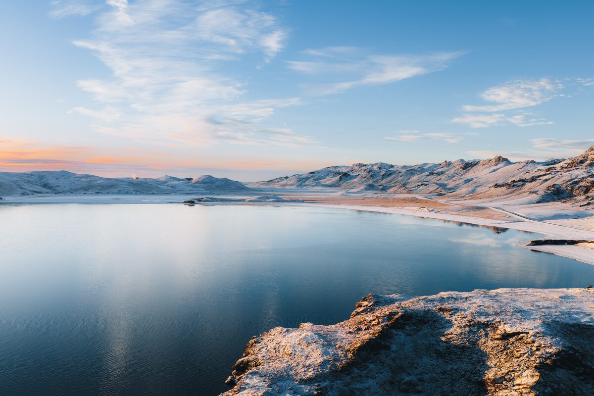 Aerial view of Reykjanes lake in winter time