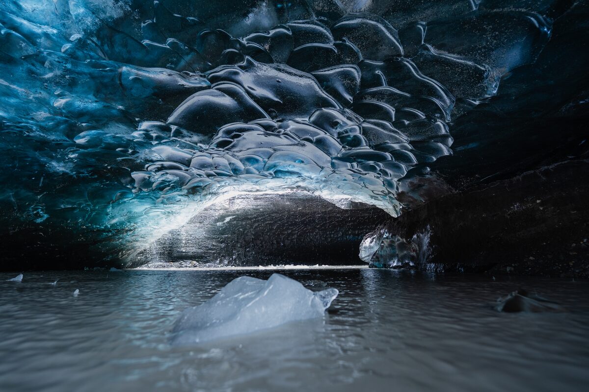 Interior of the crystal ice cave in Iceland during winter.