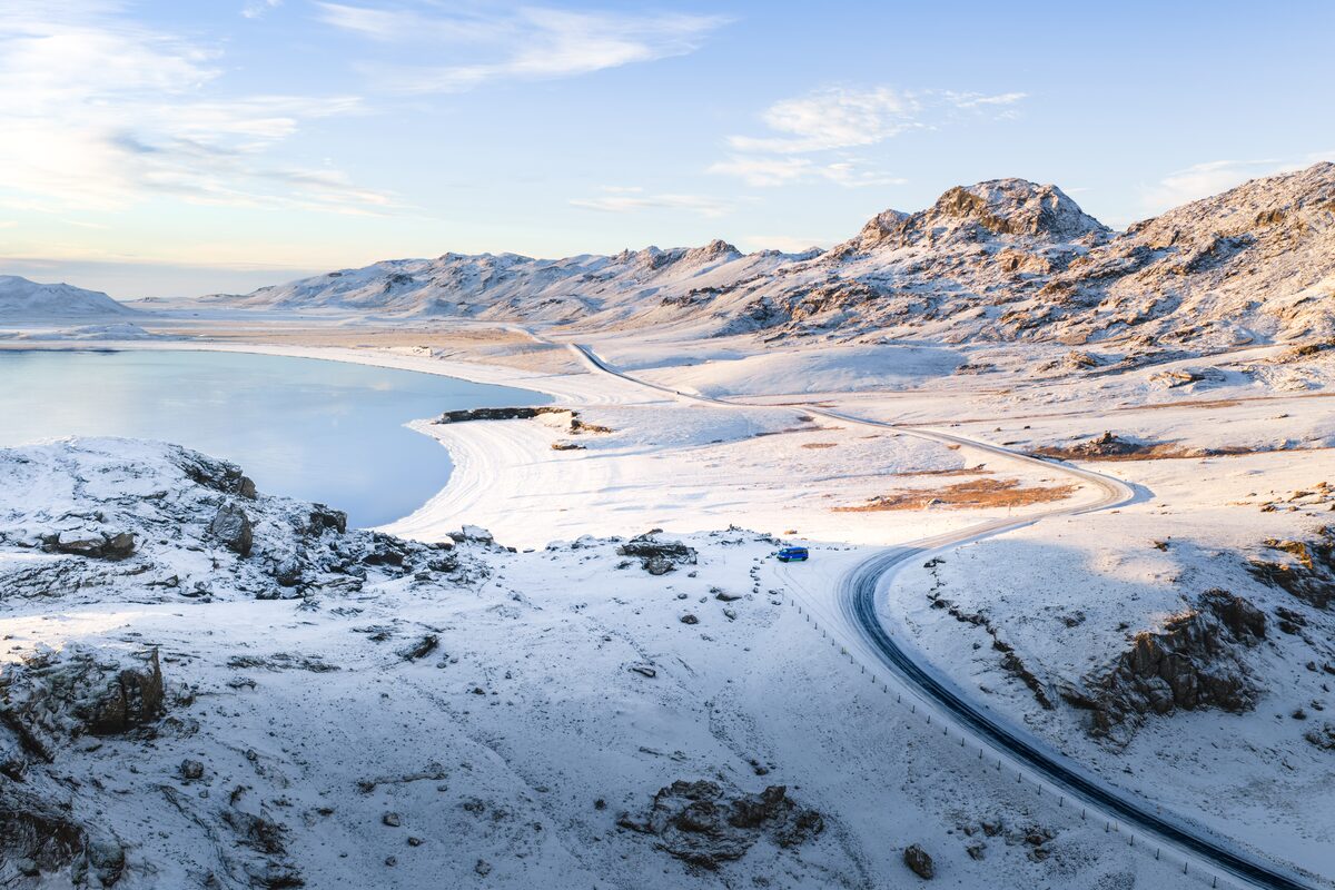 Snow covered landscape from aerial view in Reykjanes