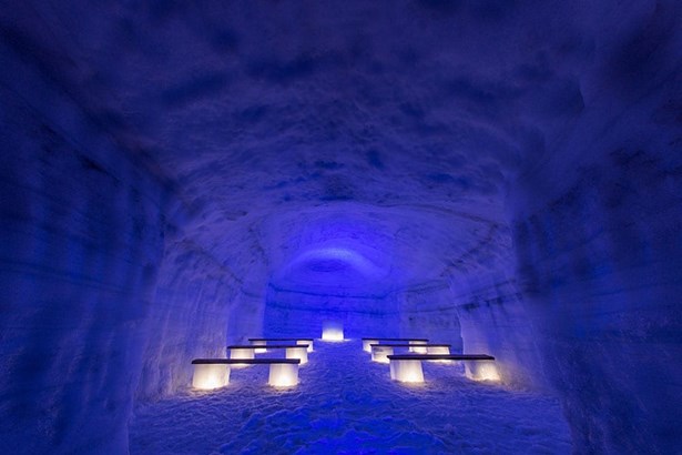 ice cave chapel in blue lighting