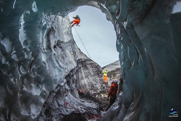 extreme ice climbing on glacier in Iceland