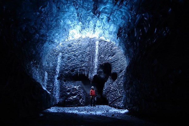huge blue ice cave in Iceland