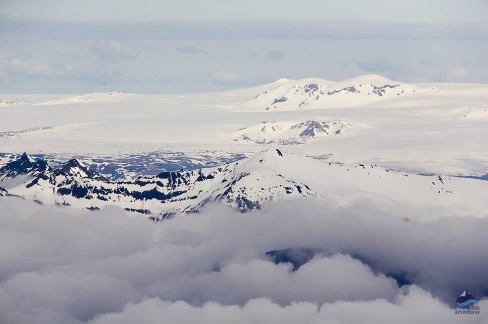 aerial view of Snaefellsjokull glacier summit in winter