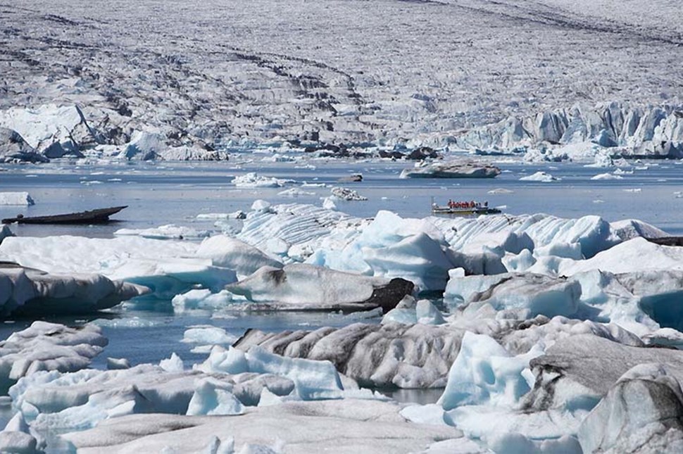 Falljokull glacier lagoon full of icebergs