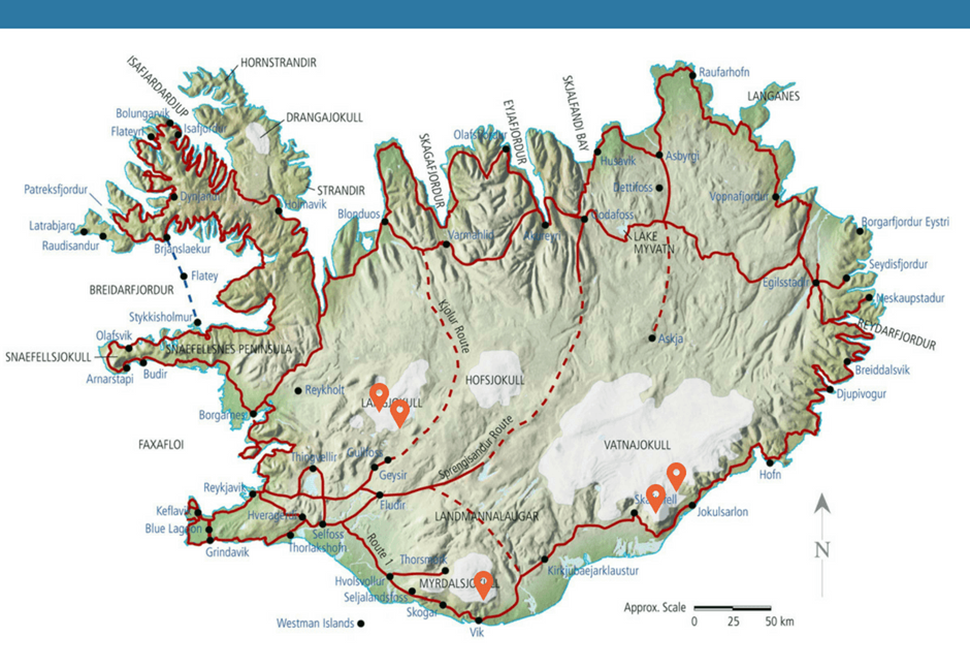 map of ice caves in Iceland