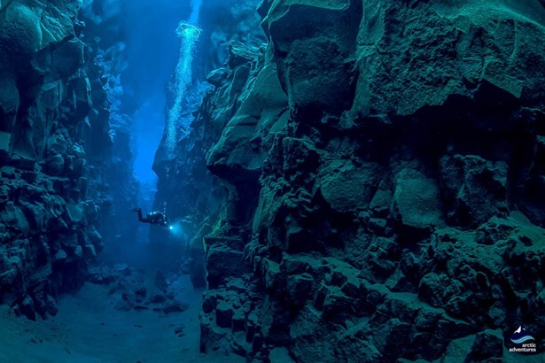 man deep diving in Icelandic water